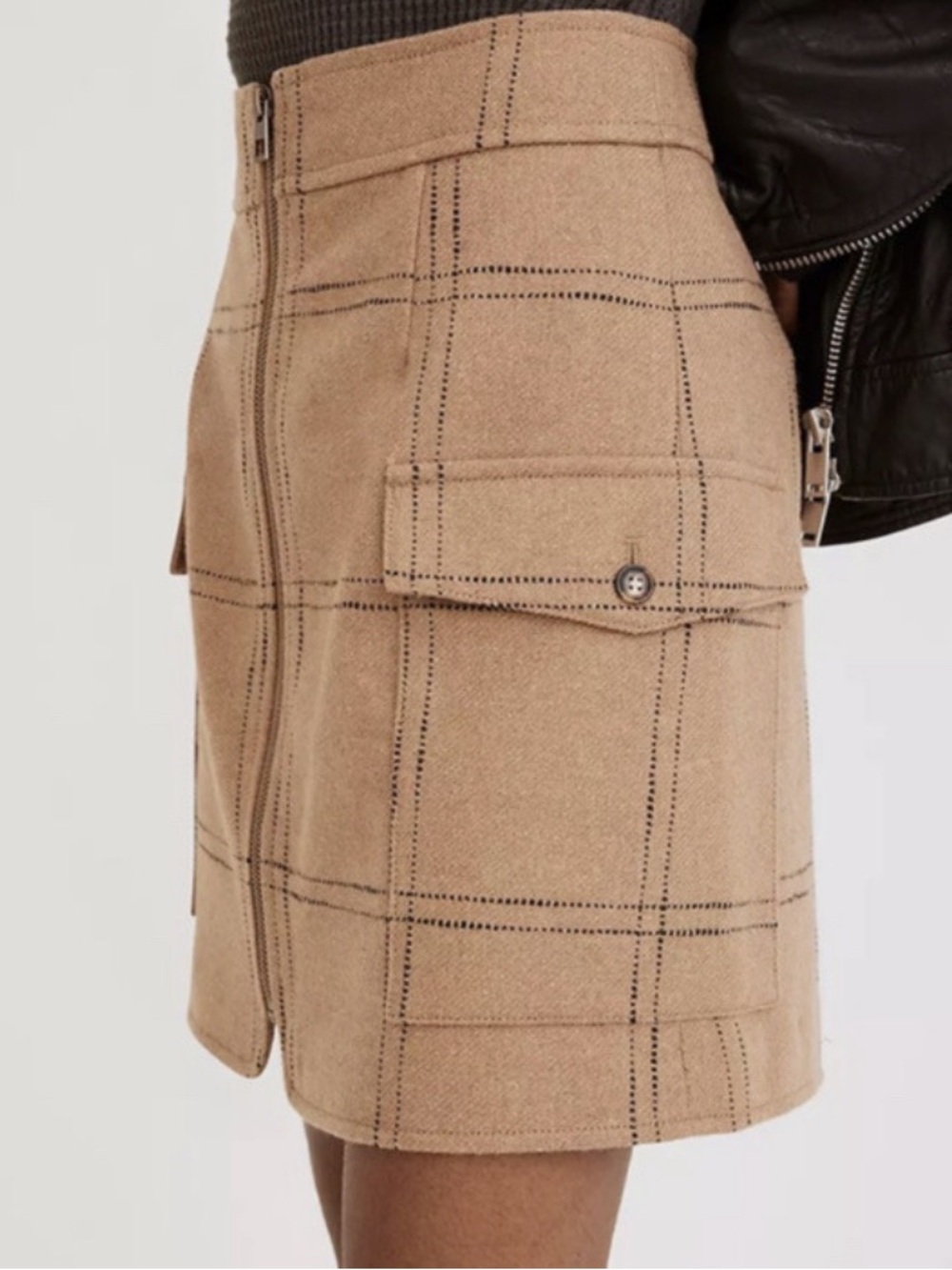 Madewell Tan Windowpane Zip-Front Mini Skirt
